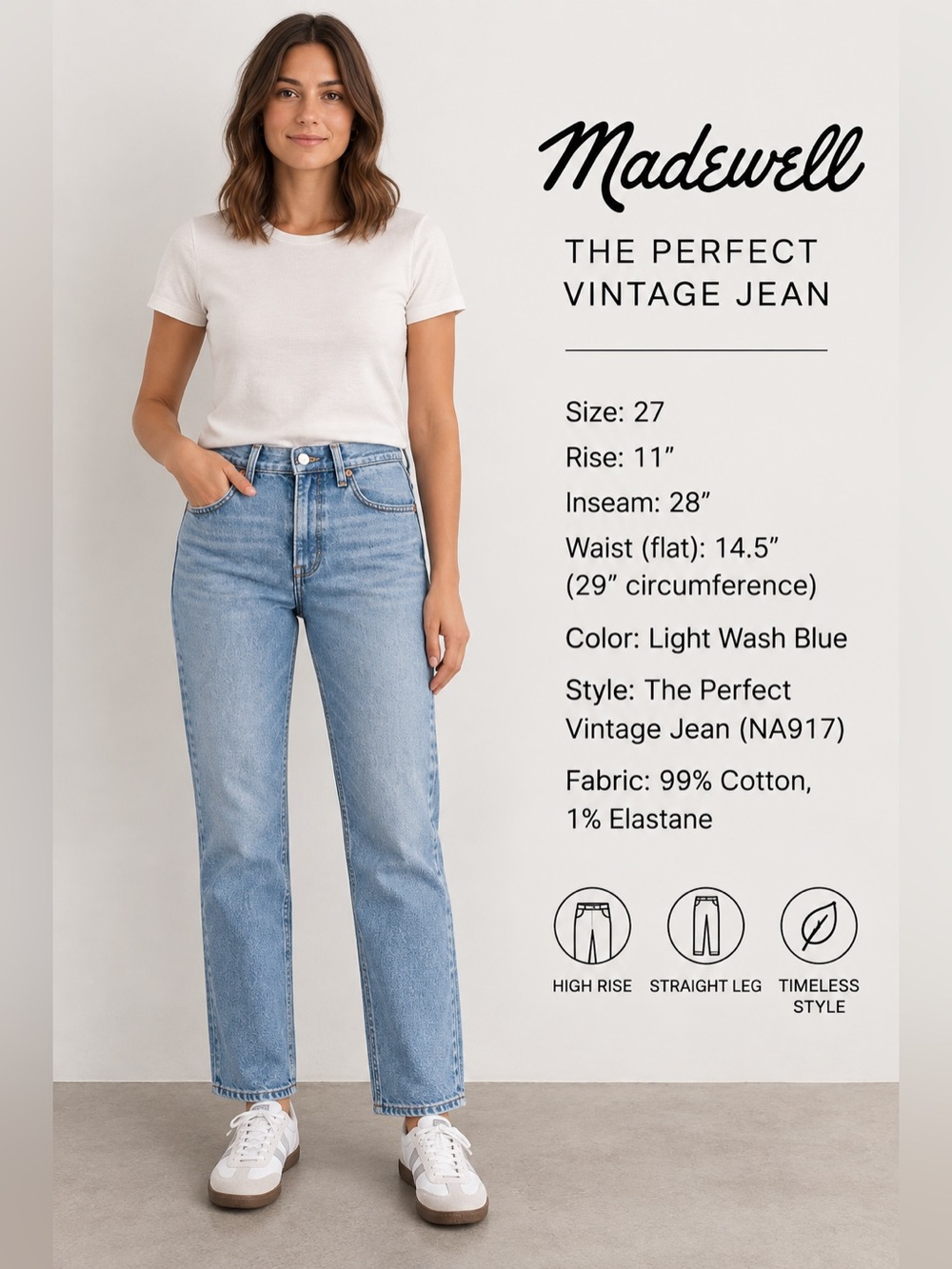 Madewell Perfect Vintage Jeans Women’s 27 Light Wash High Rise Straight Leg